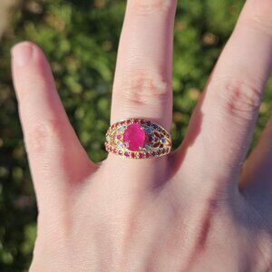 14K Yellow Gold Ruby & Diamond Cocktail Cluster Ring 4.1 Grams Size 7